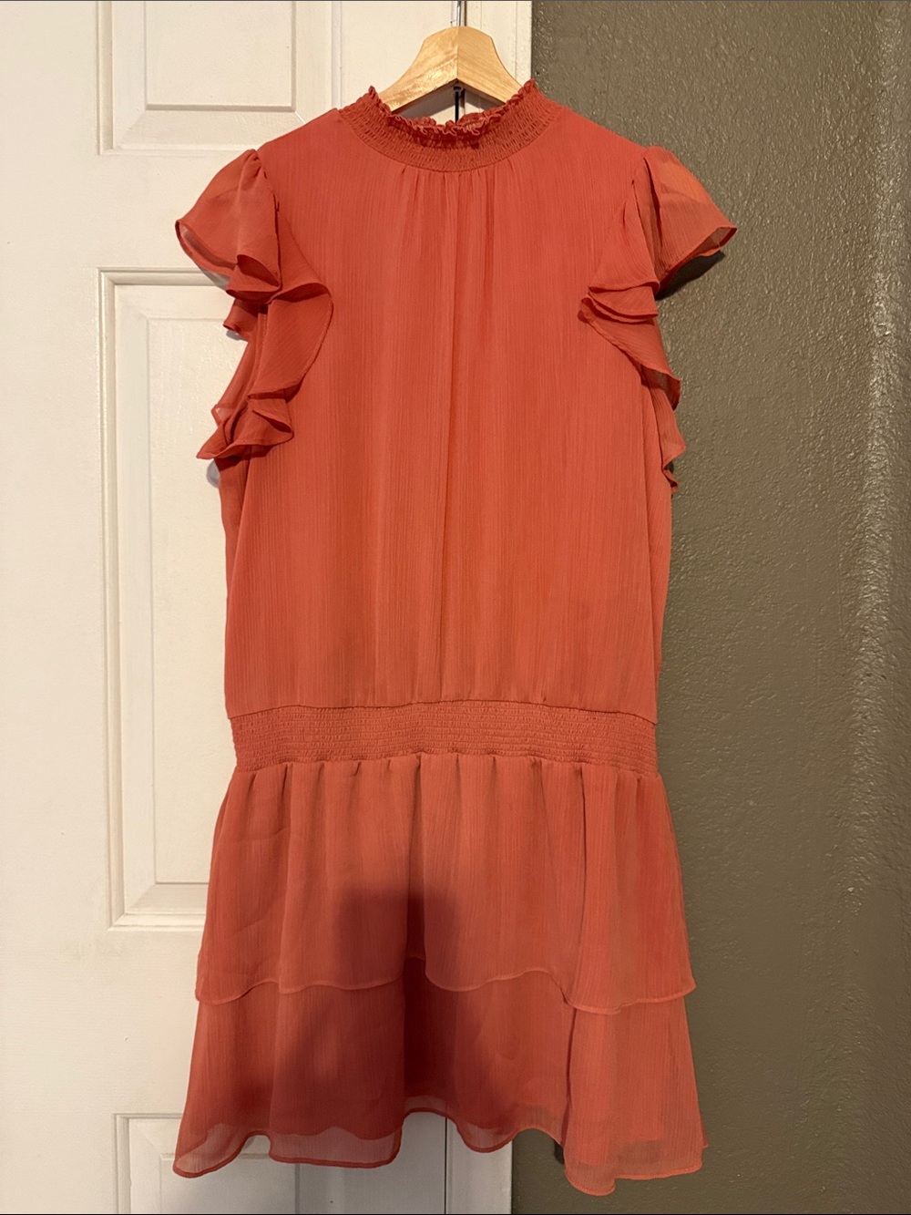 Express Coral Ruffle Sleeve Tiered Mini Dress